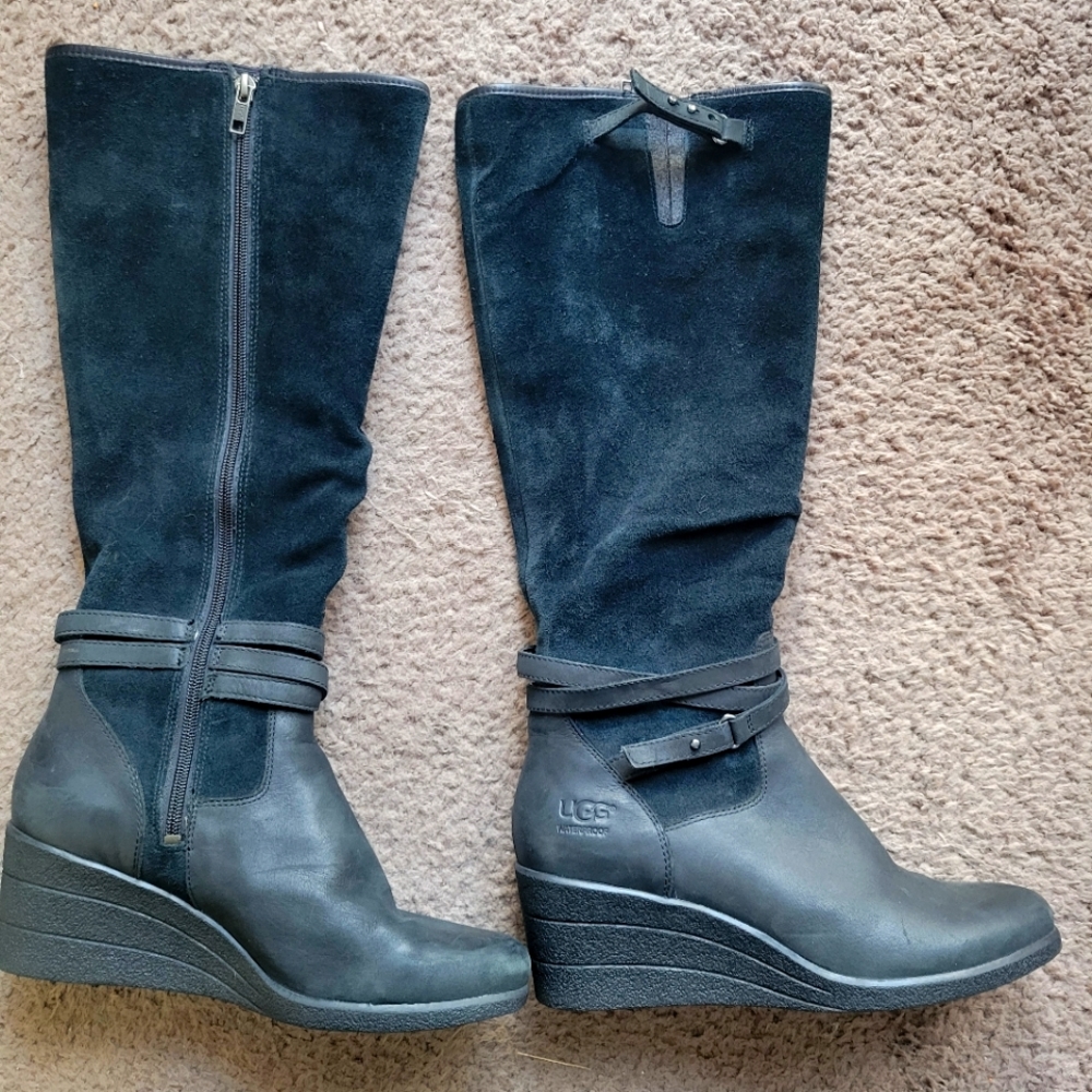 UGG Lesley Suede Black Leather Waterproof Knee High Boot Size 9 Women's 1005266